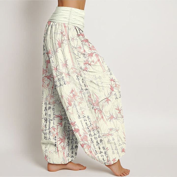Buddha Stones Pantalon harem pour femme en pur coton avec motif calligraphique de feuilles de bambou et taille élastique - image 4