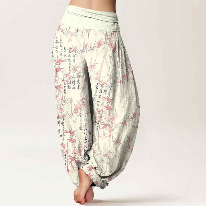 Buddha Stones Pantalon harem pour femme en pur coton avec motif calligraphique de feuilles de bambou et taille élastique - image 5