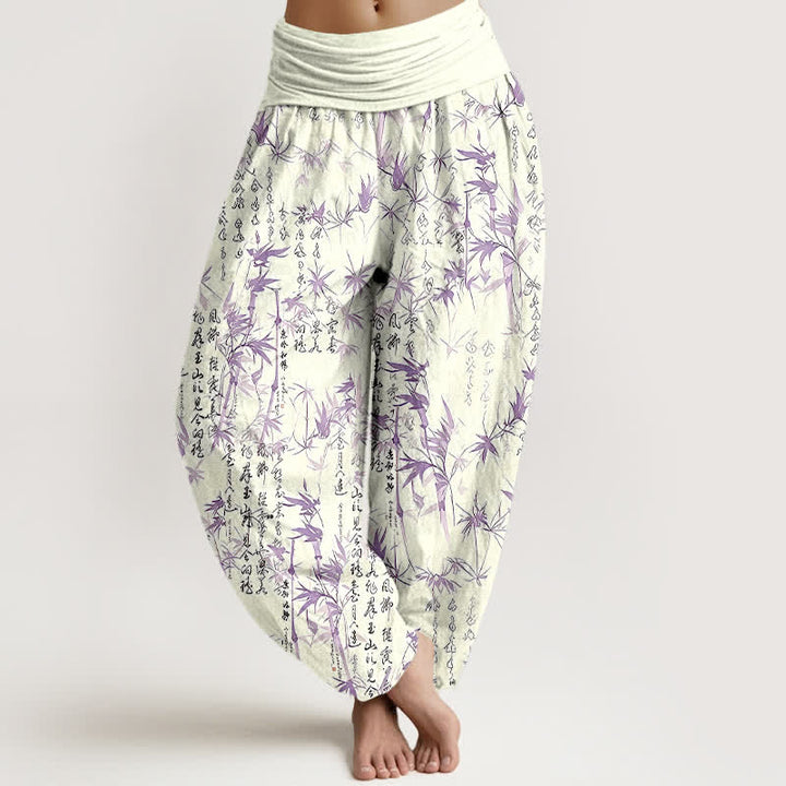 Buddha Stones Pantalon harem pour femme en pur coton avec motif calligraphique de feuilles de bambou et taille élastique - DarkOrchid - US16，UK/AU20，EU48 (3XL) - image 6