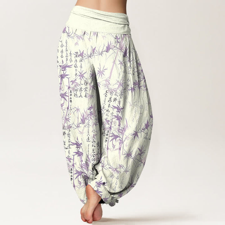 Buddha Stones Pantalon harem pour femme en pur coton avec motif calligraphique de feuilles de bambou et taille élastique - image 8