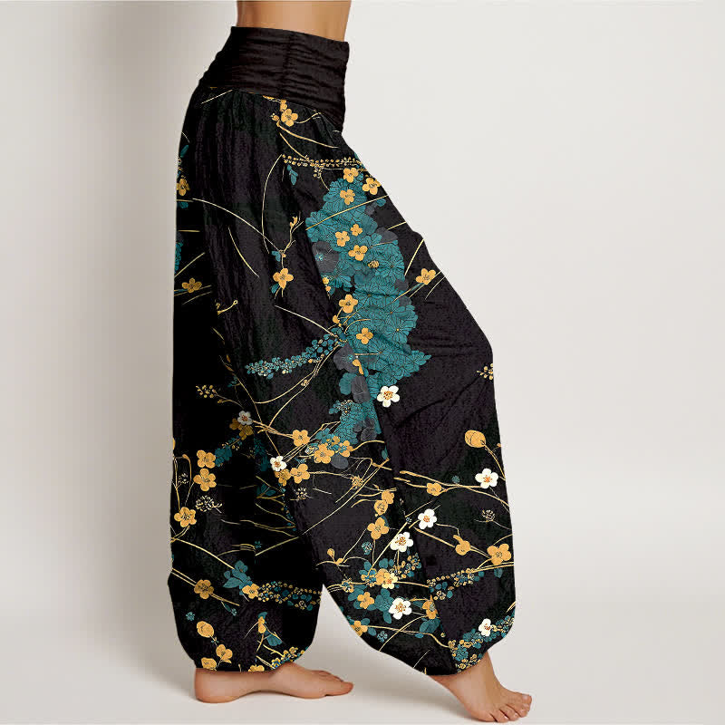 Buddha Stones Pantalon harem pour femme en pur coton à motif floral et feuilles, taille élastique - image 1