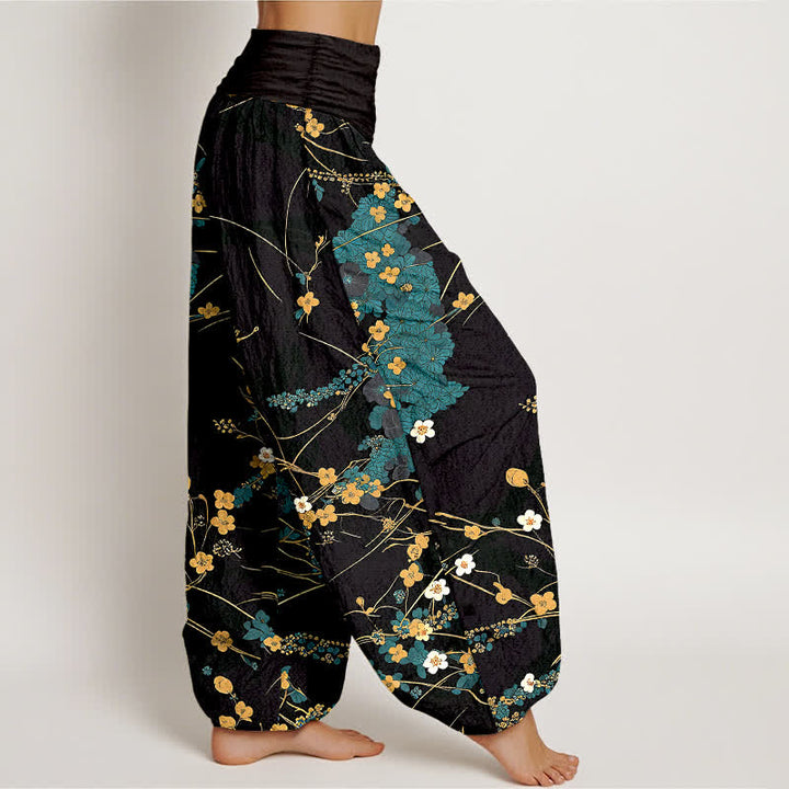 Buddha Stones Pantalon harem pour femme en pur coton à motif floral et feuilles, taille élastique - image 1