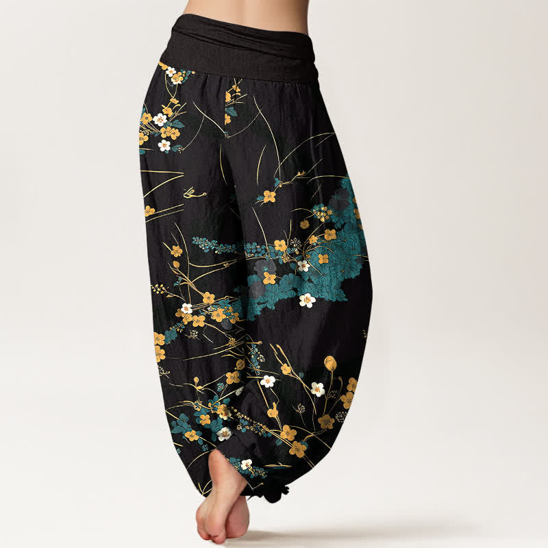 Buddha Stones Pantalon harem pour femme en pur coton à motif floral et feuilles, taille élastique - image 2