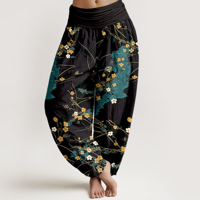 Buddha Stones Pantalon harem pour femme en pur coton à motif floral et feuilles, taille élastique - Turquoise foncé - US16，UK/AU20，EU48 (3XL) - image 0