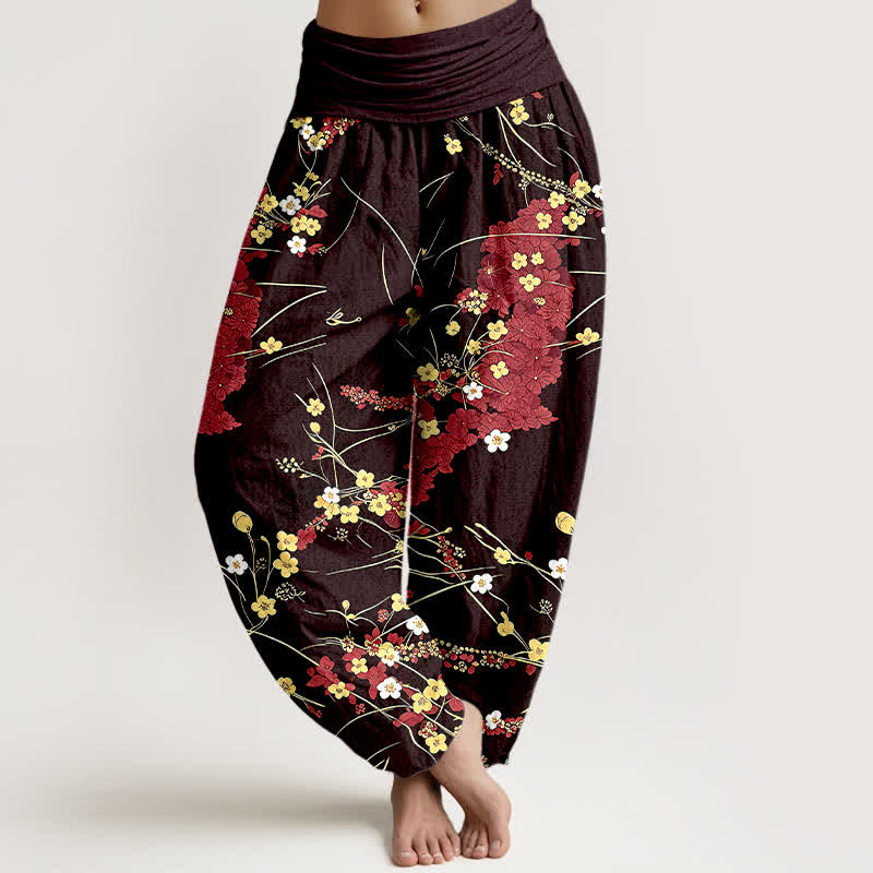 Buddha Stones Pantalon harem pour femme en pur coton à motif floral et feuilles, taille élastique - FireBrick - US16，UK/AU20，EU48 (3XL) - image 3