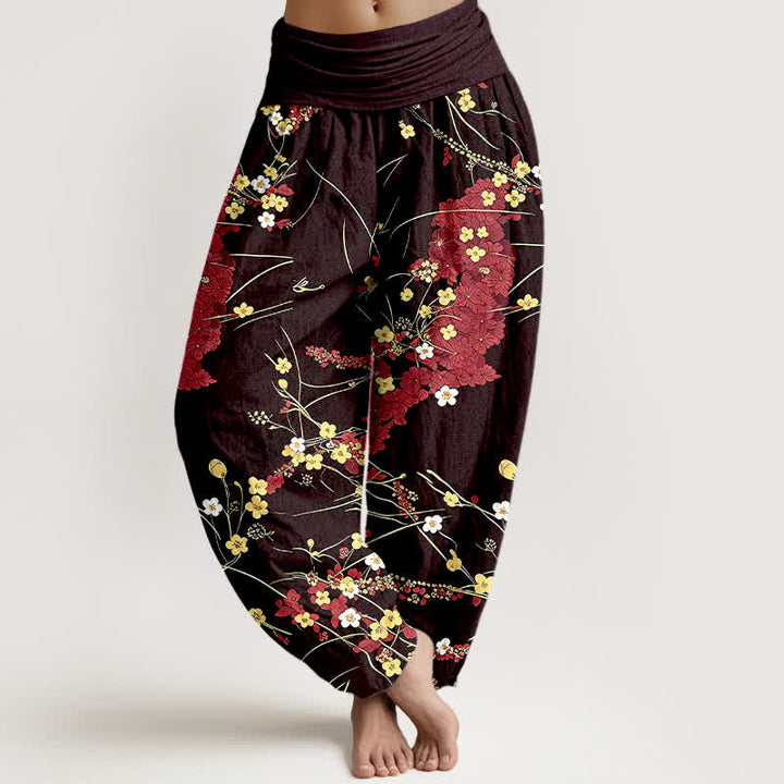 Buddha Stones Pantalon harem pour femme en pur coton à motif floral et feuilles, taille élastique - FireBrick - US16，UK/AU20，EU48 (3XL) - image 3