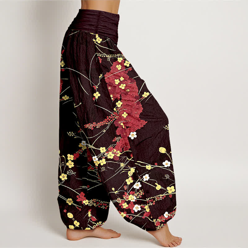 Buddha Stones Pantalon harem pour femme en pur coton à motif floral et feuilles, taille élastique - image 4