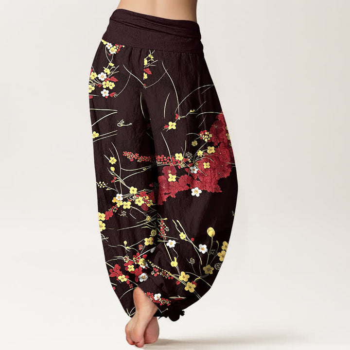 Buddha Stones Pantalon harem pour femme en pur coton à motif floral et feuilles, taille élastique - image 5