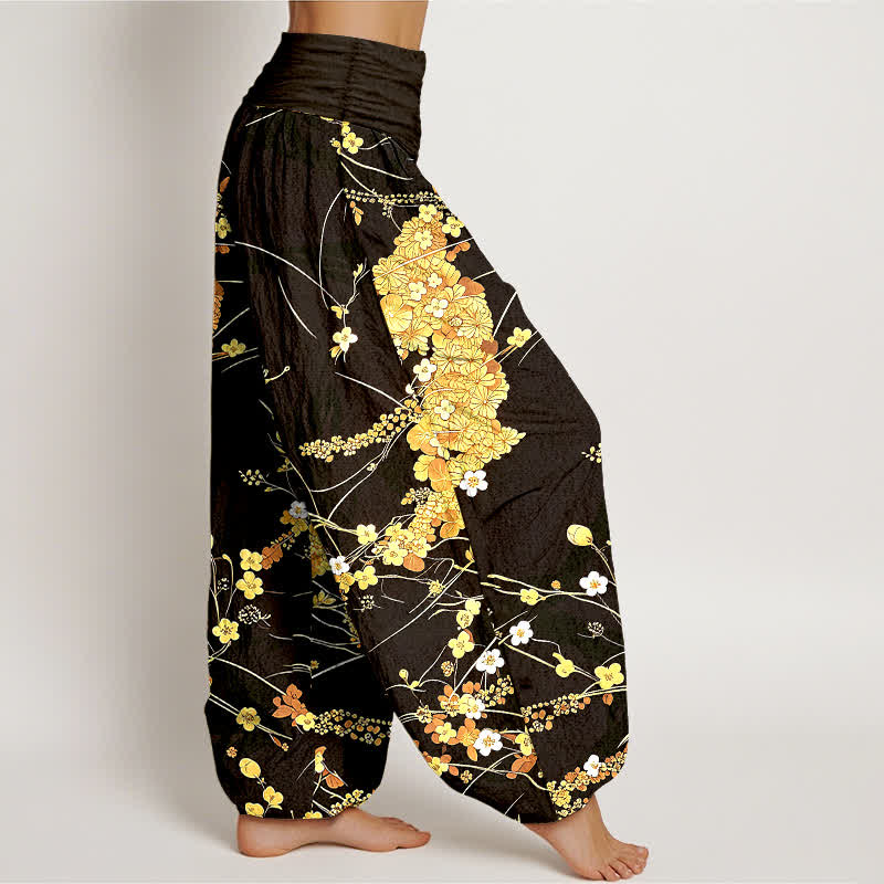Buddha Stones Pantalon harem pour femme en pur coton à motif floral et feuilles, taille élastique - image 7