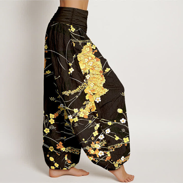 Buddha Stones Pantalon harem pour femme en pur coton à motif floral et feuilles, taille élastique - image 7