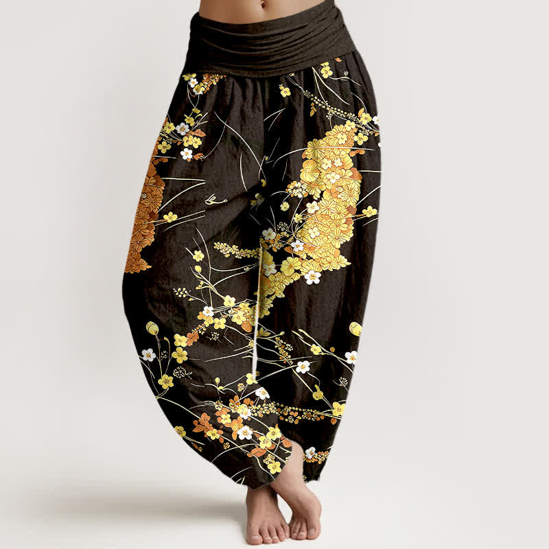Buddha Stones Pantalon harem pour femme en pur coton à motif floral et feuilles, taille élastique - Or - US16，UK/AU20，EU48 (3XL) - image 6