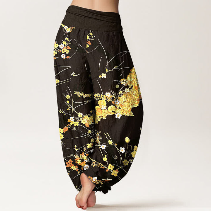 Buddha Stones Pantalon harem pour femme en pur coton à motif floral et feuilles, taille élastique - image 8