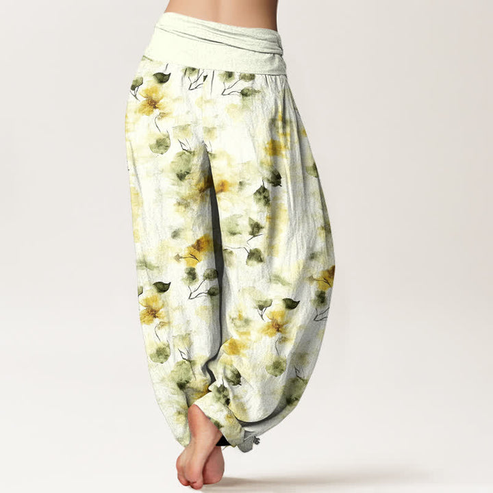 Buddha Stones Pantalon harem à taille élastique pour femme, en coton à motif floral aquarelle. - image 2