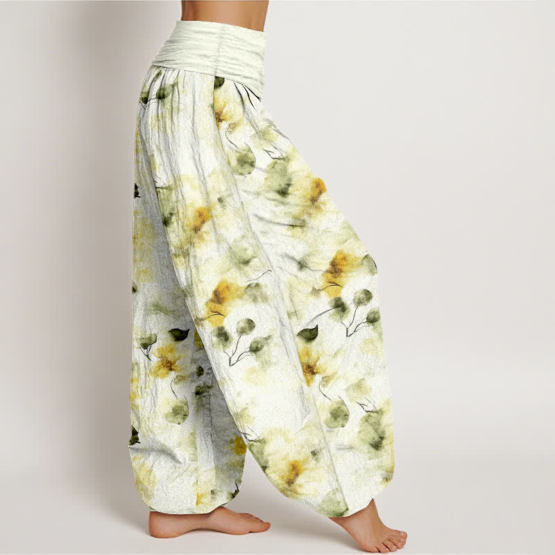 Buddha Stones Pantalon harem à taille élastique pour femme, en coton à motif floral aquarelle. - image 1
