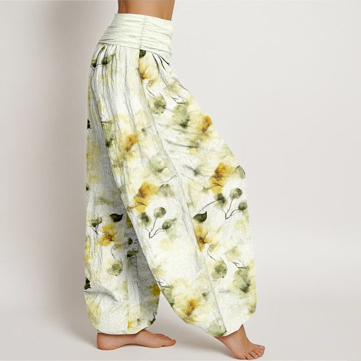 Buddha Stones Pantalon harem à taille élastique pour femme, en coton à motif floral aquarelle. - image 1