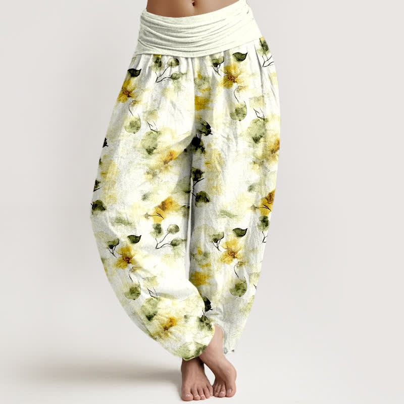 Buddha Stones Pantalon harem à taille élastique pour femme, en coton à motif floral aquarelle. - Kaki - US16，UK/AU20，EU48 (3XL) - image 0