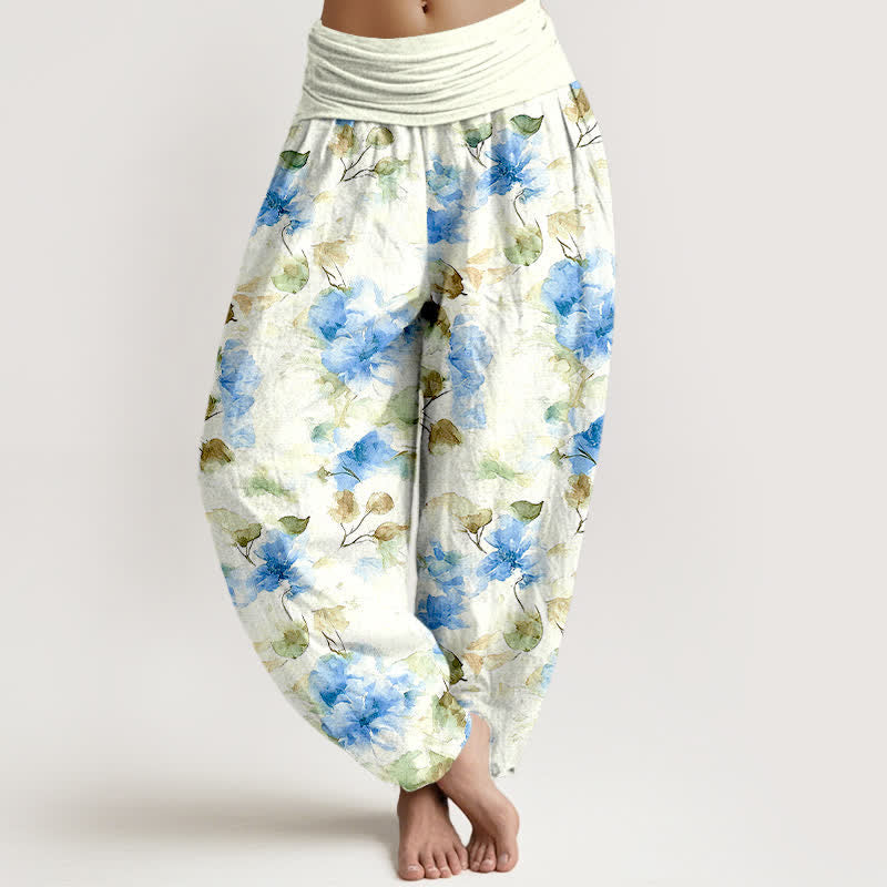 Buddha Stones Pantalon harem à taille élastique pour femme, en coton à motif floral aquarelle. - Bleu ciel profond - US16，UK/AU20，EU48 (3XL) - image 3