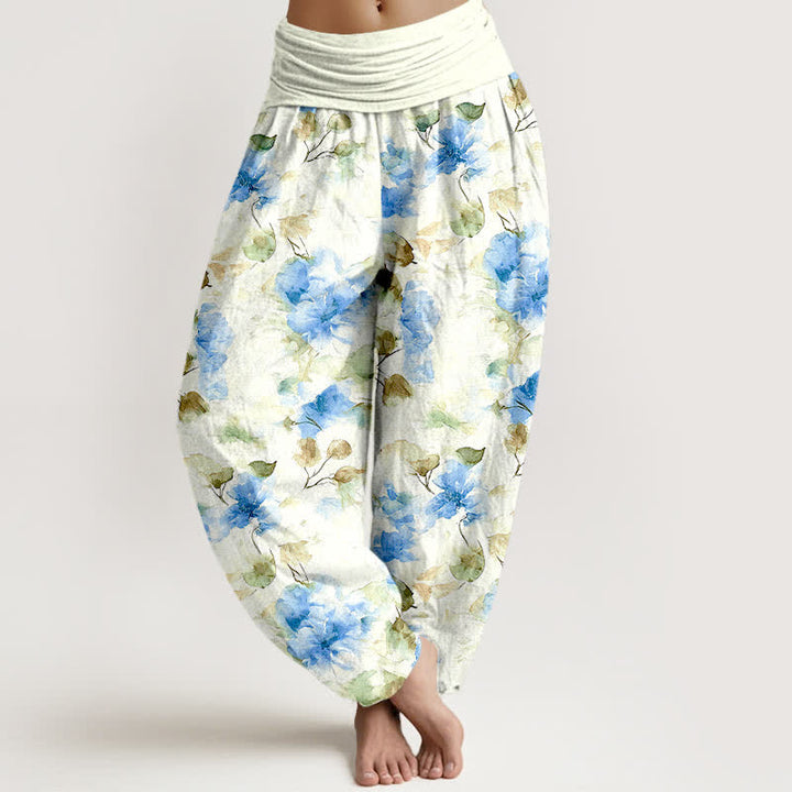Buddha Stones Pantalon harem à taille élastique pour femme, en coton à motif floral aquarelle. - Bleu ciel profond - US16，UK/AU20，EU48 (3XL) - image 3