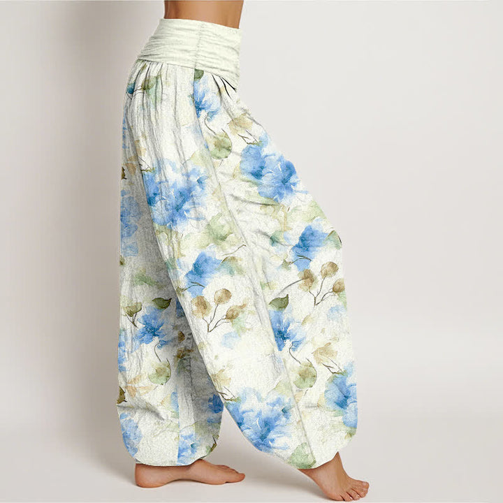 Buddha Stones Pantalon harem à taille élastique pour femme, en coton à motif floral aquarelle. - image 4