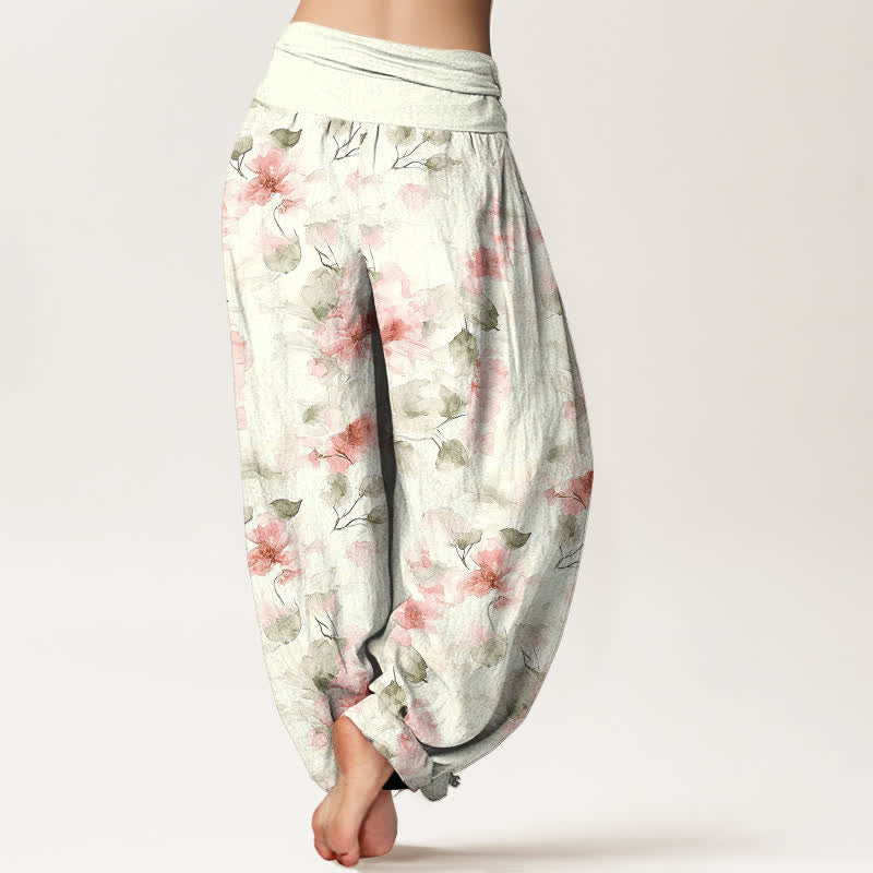 Buddha Stones Pantalon harem à taille élastique pour femme, en coton à motif floral aquarelle. - image 8