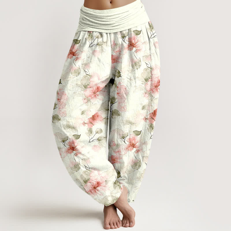 Buddha Stones Pantalon harem à taille élastique pour femme, en coton à motif floral aquarelle. - Rose clair - US16，UK/AU20，EU48 (3XL) - image 6