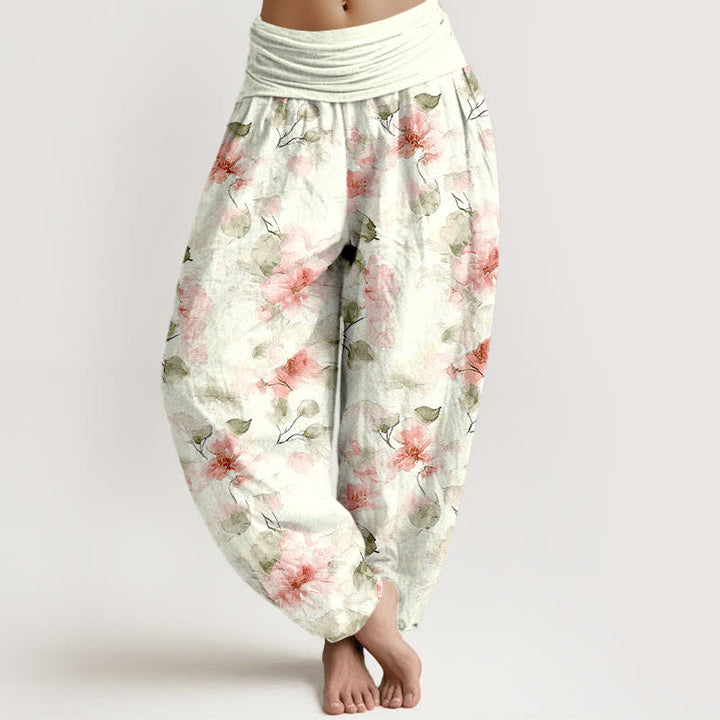 Buddha Stones Pantalon harem à taille élastique pour femme, en coton à motif floral aquarelle. - Rose clair - US16，UK/AU20，EU48 (3XL) - image 6