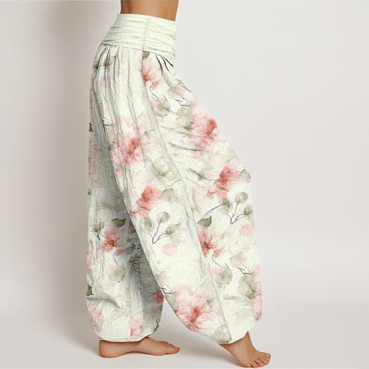Buddha Stones Pantalon harem à taille élastique pour femme, en coton à motif floral aquarelle. - image 7