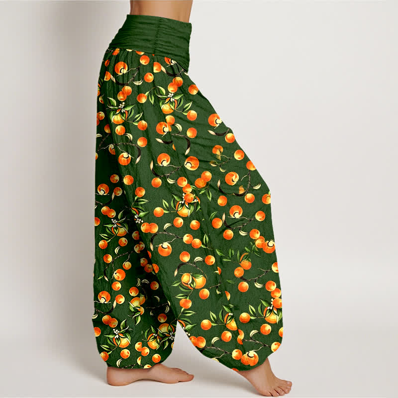 Buddha Stones Pantalon harem pour femme en pur coton à motif de feuilles de mandarine et taille élastique - image 1