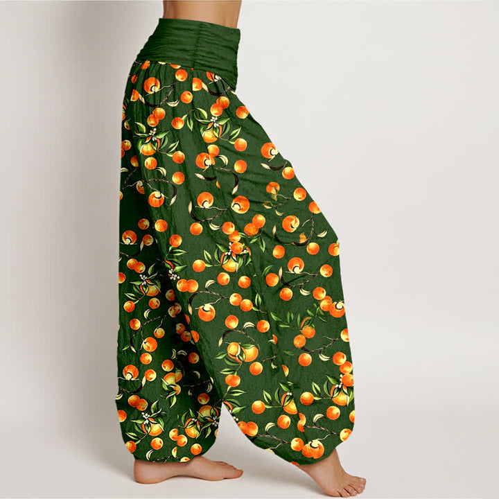 Buddha Stones Pantalon harem pour femme en pur coton à motif de feuilles de mandarine et taille élastique - image 1