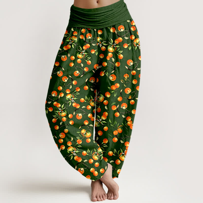 Buddha Stones Pantalon harem pour femme en pur coton à motif de feuilles de mandarine et taille élastique - Vert forêt - US16，UK/AU20，EU48 (3XL) - image 0