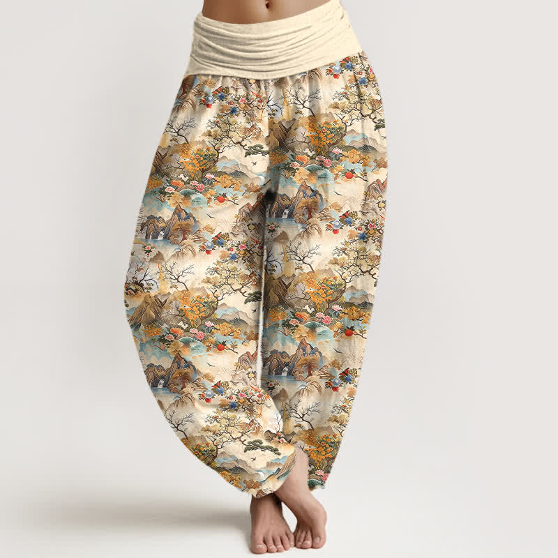 Buddha Stones Pantalon harem à taille élastique pour femme, en coton, motif paysage oriental - Jaune d'or pâle - US16，UK/AU20，EU48 (3XL) - image 0