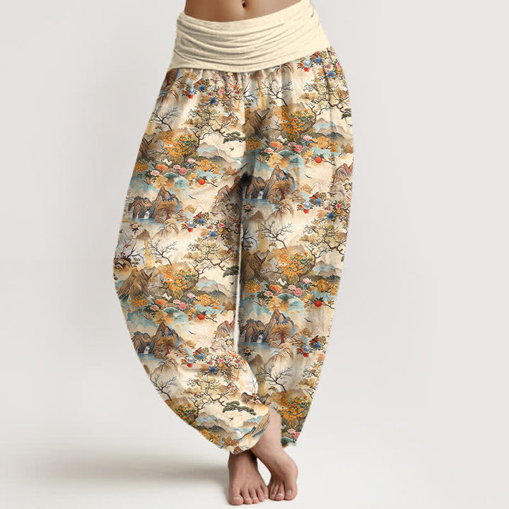 Buddha Stones Pantalon harem à taille élastique pour femme, en coton, motif paysage oriental - Jaune d'or pâle - US16，UK/AU20，EU48 (3XL) - image 0