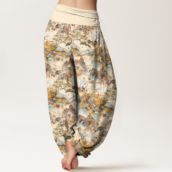 Buddha Stones Pantalon harem à taille élastique pour femme, en coton, motif paysage oriental - image 2