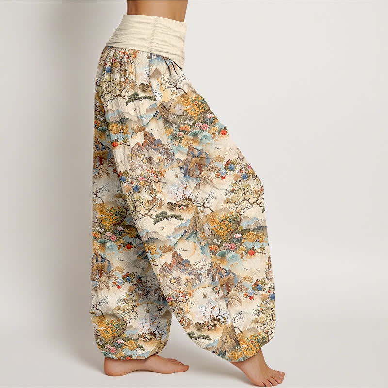 Buddha Stones Pantalon harem à taille élastique pour femme, en coton, motif paysage oriental - image 1
