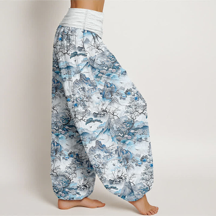 Buddha Stones Pantalon harem à taille élastique pour femme, en coton, motif paysage oriental - image 4