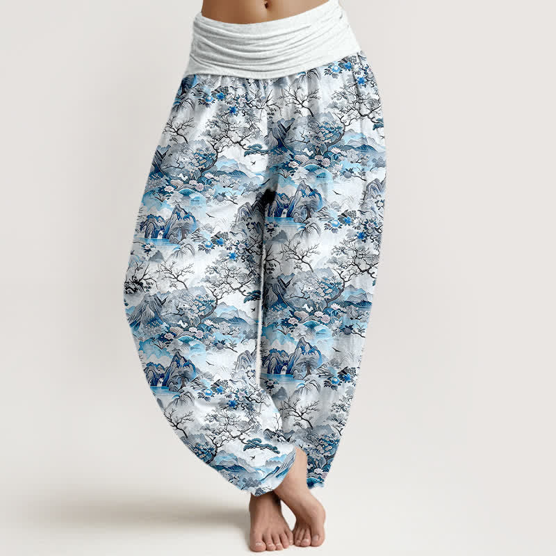Buddha Stones Pantalon harem à taille élastique pour femme, en coton, motif paysage oriental - Turquoise pâle - US16，UK/AU20，EU48 (3XL) - image 3