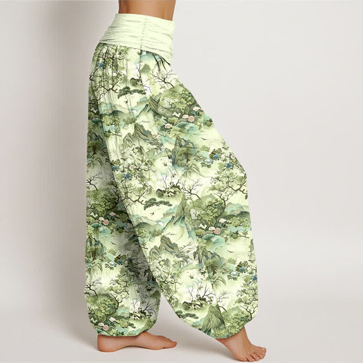 Buddha Stones Pantalon harem à taille élastique pour femme, en coton, motif paysage oriental - image 7