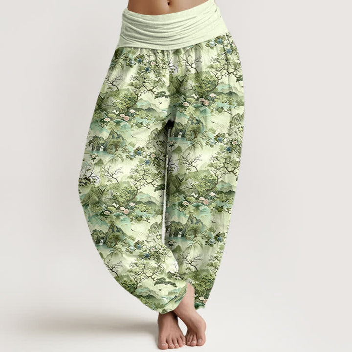 Buddha Stones Pantalon harem à taille élastique pour femme, en coton, motif paysage oriental - Vert pâle - US16，UK/AU20，EU48 (3XL) - image 6