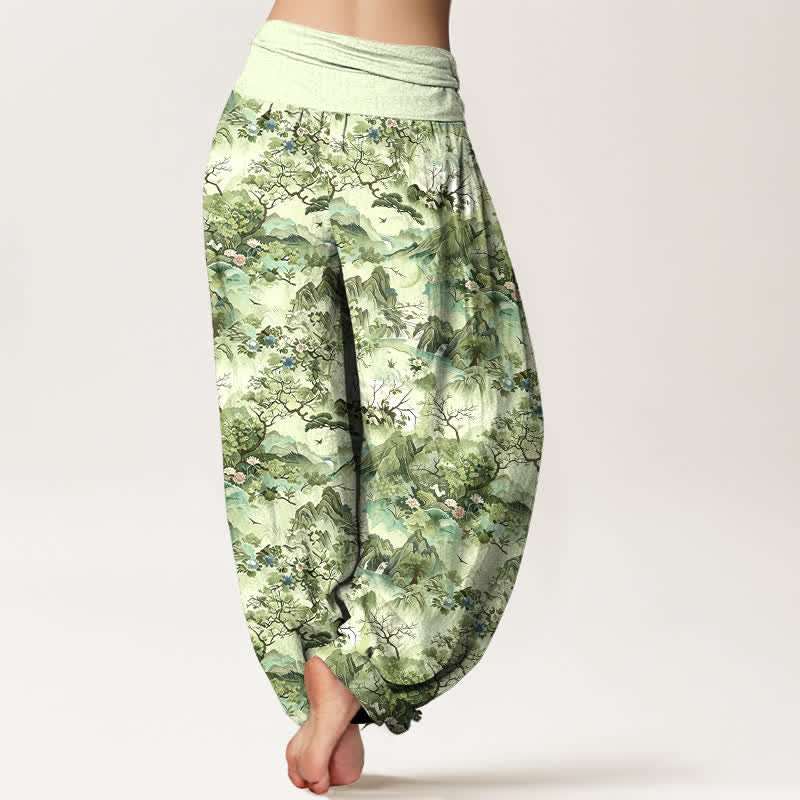 Buddha Stones Pantalon harem à taille élastique pour femme, en coton, motif paysage oriental - image 8