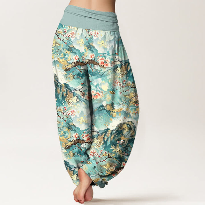 Buddha Stones Pantalon harem pour femme en pur coton, à taille élastique et motif floral oriental. - image 2