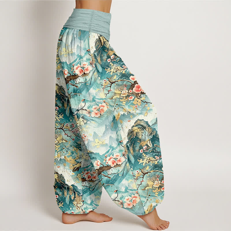 Buddha Stones Pantalon harem pour femme en pur coton, à taille élastique et motif floral oriental. - image 1