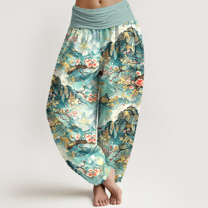 Buddha Stones Pantalon harem pour femme en pur coton, à taille élastique et motif floral oriental. - Turquoise - US16，UK/AU20，EU48 (3XL) - image 0