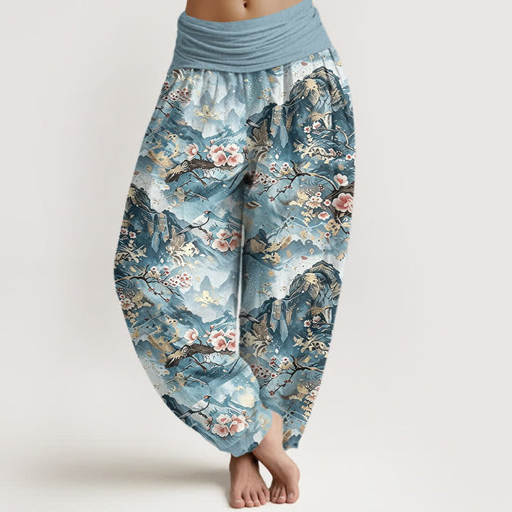 Buddha Stones Pantalon harem pour femme en pur coton, à taille élastique et motif floral oriental. - Turquoise pâle - US16，UK/AU20，EU48 (3XL) - image 3