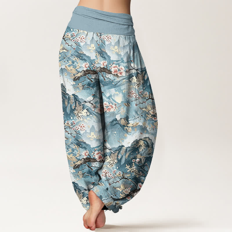 Buddha Stones Pantalon harem pour femme en pur coton, à taille élastique et motif floral oriental. - image 5