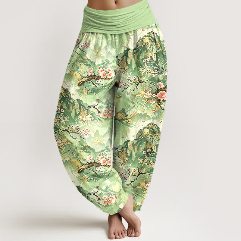 Buddha Stones Pantalon harem pour femme en pur coton, à taille élastique et motif floral oriental. - Vert clair - US16，UK/AU20，EU48 (3XL) - image 6