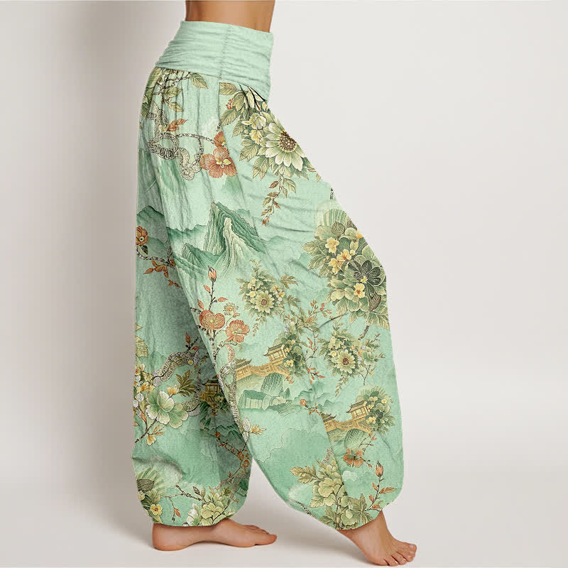 Buddha Stones Pantalon harem pour femme en coton à motif floral oriental et taille élastique - image 1