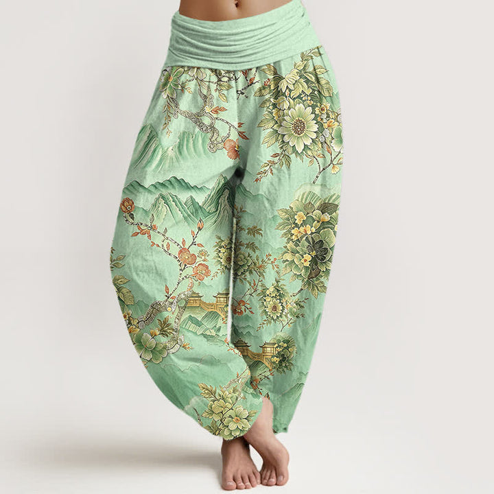 Buddha Stones Pantalon harem pour femme en coton à motif floral oriental et taille élastique - Bleu vert - US16，UK/AU20，EU48 (3XL) - image 0