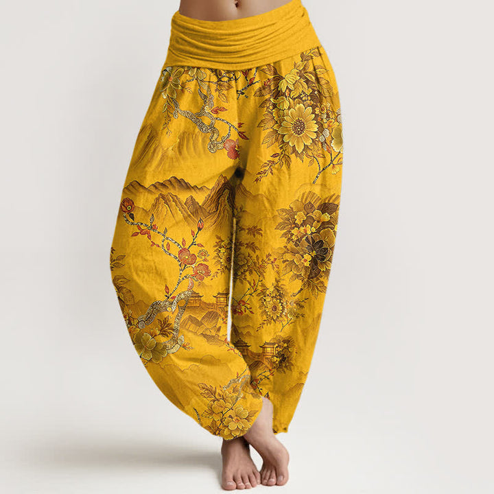 Buddha Stones Pantalon harem pour femme en coton à motif floral oriental et taille élastique - verge d'or - US16，UK/AU20，EU48 (3XL) - image 3
