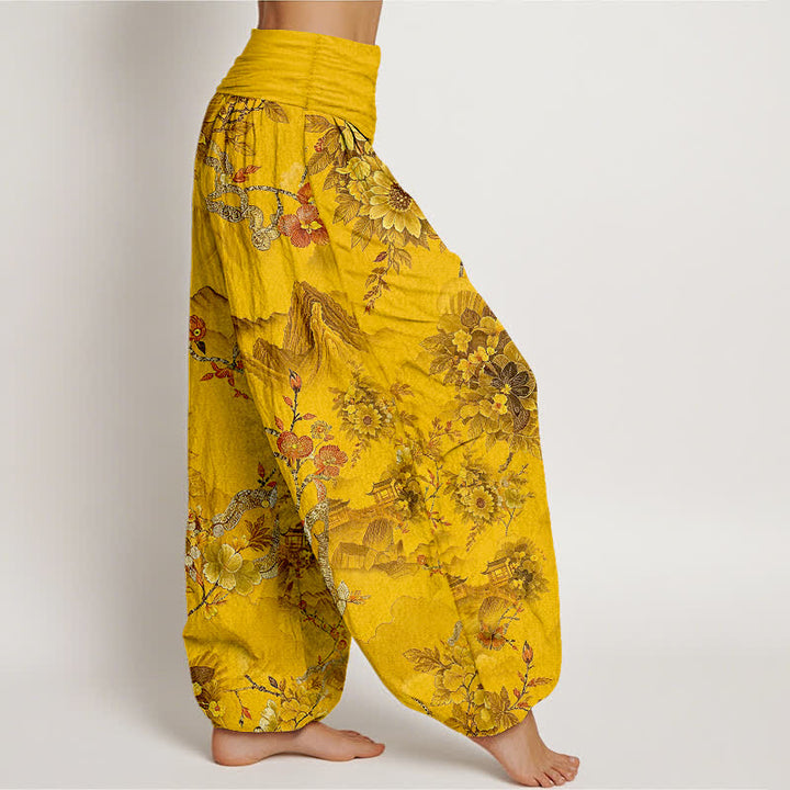 Buddha Stones Pantalon harem pour femme en coton à motif floral oriental et taille élastique - image 4