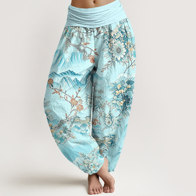 Buddha Stones Pantalon harem pour femme en coton à motif floral oriental et taille élastique - Cyan - US16，UK/AU20，EU48 (3XL) - image 6